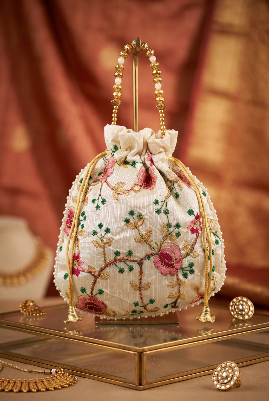 Floral Embroidered Cream Potli Pouch with Pearl Bead Trim and Drawstring — Ethnic Wedding Festive Gift Bag - Cream