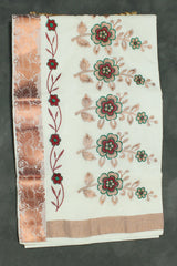 Fabric: Pure Kerala Cotton – lightweight, breathable, 
        •        Design: Rich machine embroidery in Copper zari and thread with detai - White