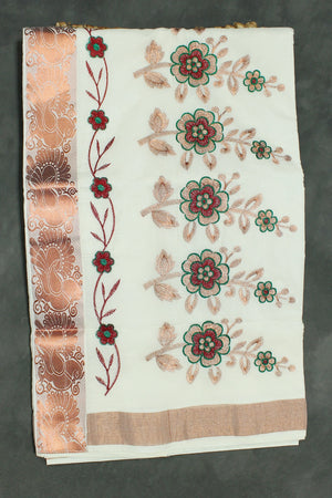 Pure Kerala Cotton White Saree with Copper Zari Border and Embroidered Peacock Floral Pallu