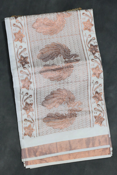 Pure Kerala Cotton White Saree with Copper Zari Peacock & Floral Machine Embroidery, Lightweight Traditional Saree with Blouse Piece - White