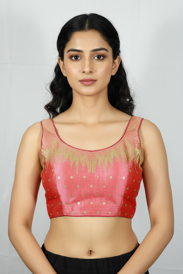 Magenta Zari Embroidered Padded Sleeveless Designer Blouse with Back Knot, Scalloped Pattern, Fully Stitched