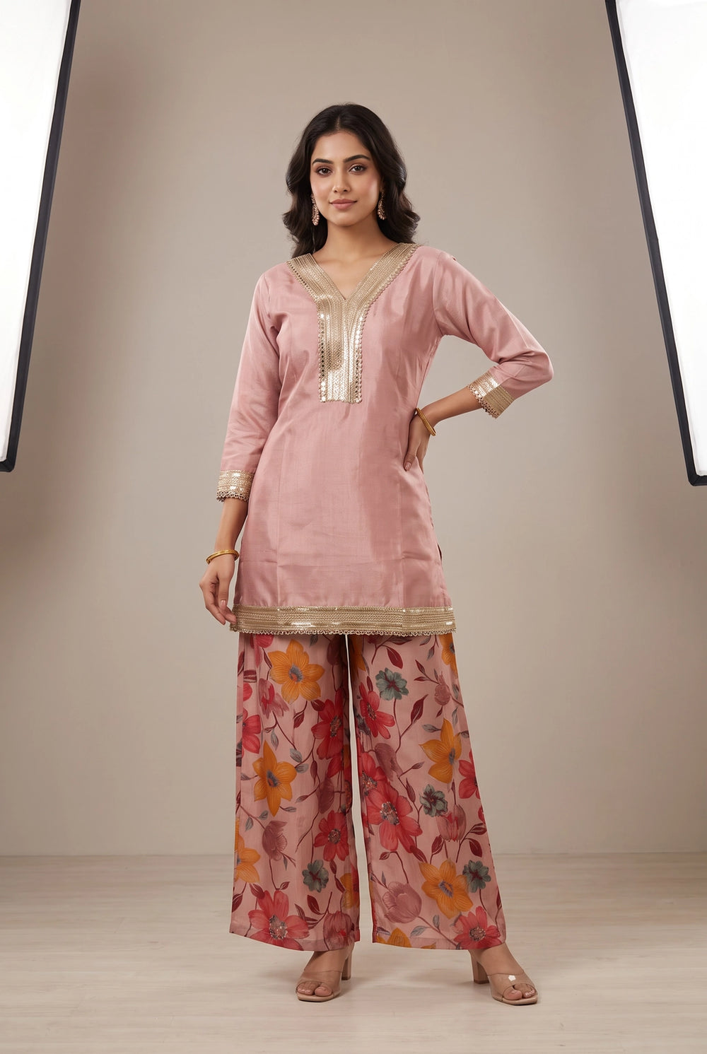Pastel Pink Cotton 3-Piece Kurti Set with V-Neck Golden Embroidery, Sequins & Mirror Work, Pant & Dupatta - Pastel Pink