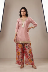 Pastel Pink Cotton 3-Piece Kurti Set with V-Neck Golden Embroidery, Sequins & Mirror Work, Pant & Dupatta - Pastel Pink
