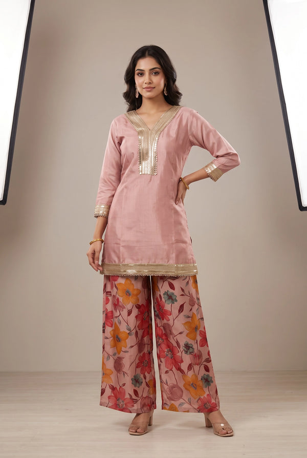 Pastel Pink Cotton 3-Piece Kurti Set with V-Neck Golden Embroidery, Sequins & Mirror Work, Pant & Dupatta - Pastel Pink