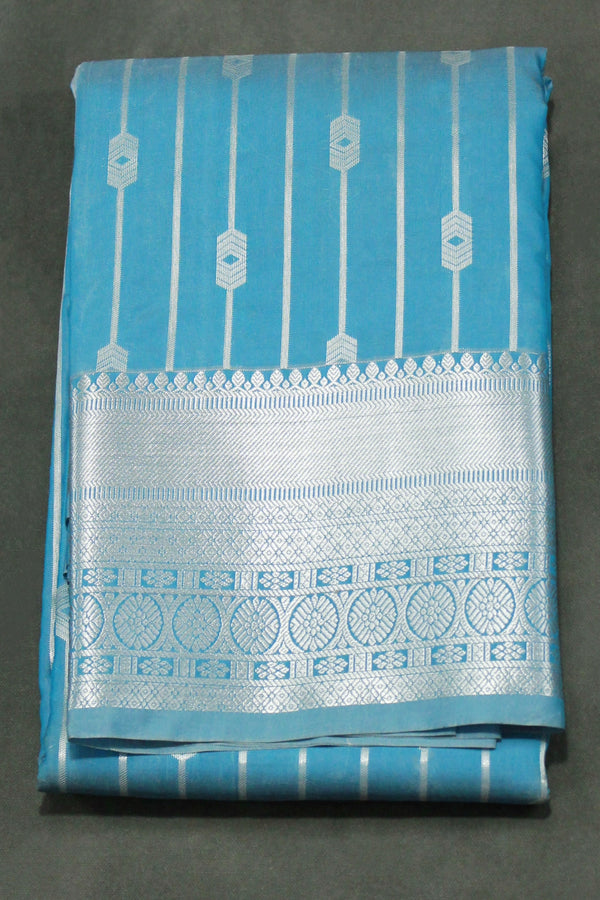 Blue Soft Silk Bridal Vaira Oosi Saree with Silver Zari Border and Blouse - Blue