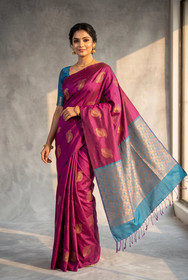 Wine Korvai Soft Silk Saree with Delicate Gold Zari Buttas and Floral Border, With Contrast Blue Blouse Piece - Wine