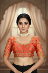 Orange Readymade Designer Padded Blouse with Zari Floral Butta, U-Neck, Elbow Sleeve & Back Knot - Orange