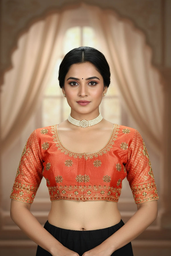 Orange Readymade Designer Padded Blouse with Zari Floral Butta, U-Neck, Elbow Sleeve & Back Knot - Orange