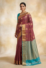 Onion Pink Soft Silk Saree with Contrast Border, Gold Zari Buttas and Floral Zari Border for Traditional Wear - Onion Pink