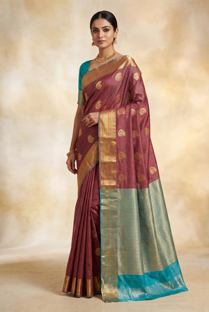 Onion Pink Soft Silk Saree with Contrast Border, Gold Zari Buttas and Floral Zari Border for Traditional Wear