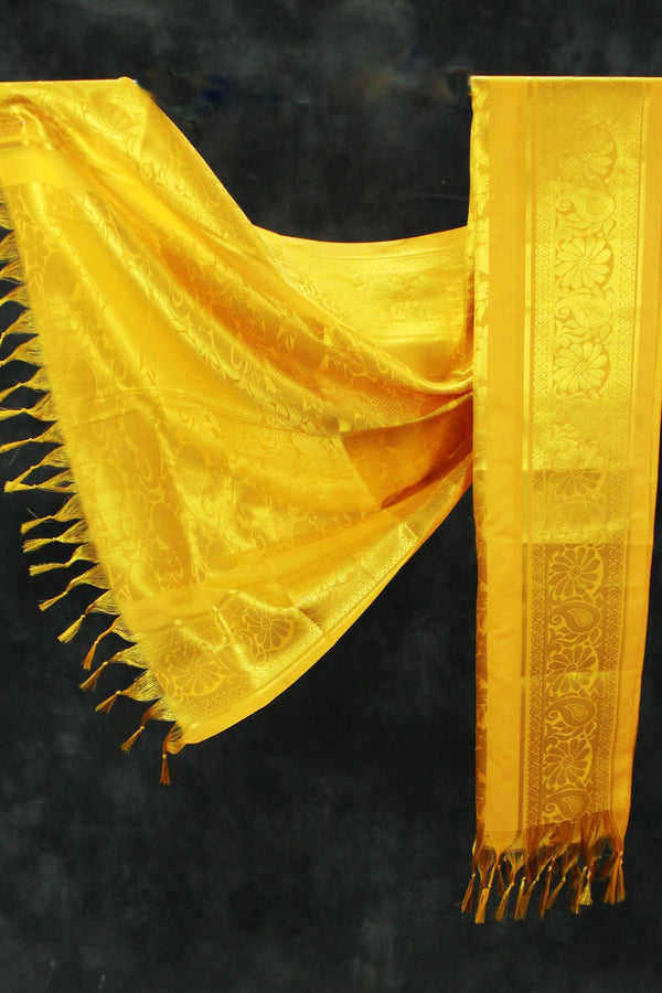 Yellow Zari Pattu Shawl with Fringe for Ponnadai, Arangetram and Traditional Events - Yellow