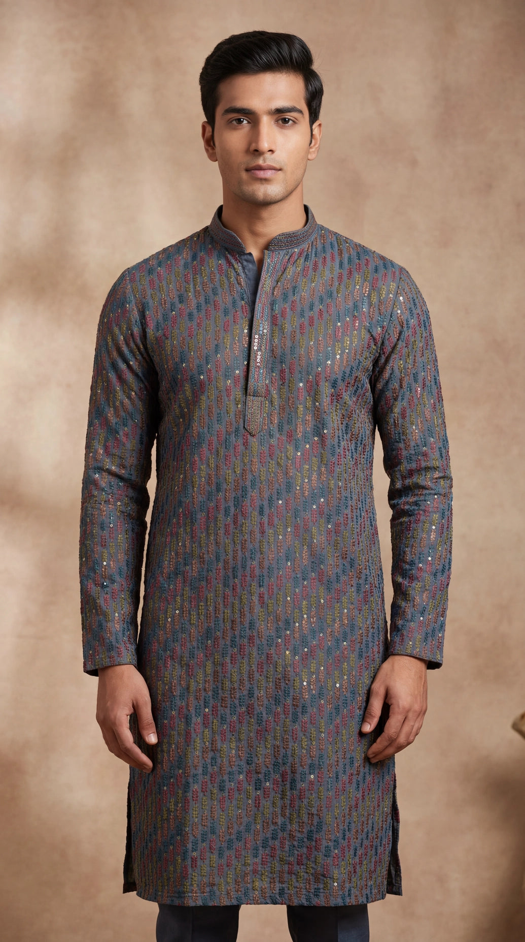Men’s Grey Cotton Kurta with Leaf Embroidery and Gold Dot Work by Pareek - Grey