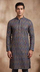 Men’s Grey Cotton Kurta with Leaf Embroidery and Gold Dot Work by Pareek - Grey