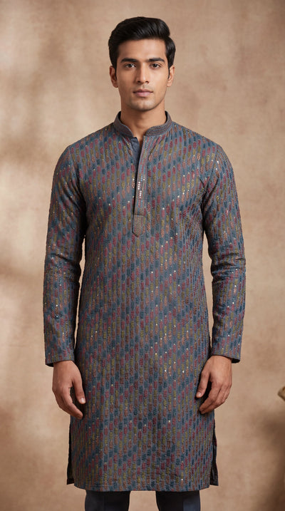 Men’s Grey Cotton Kurta with Leaf Embroidery and Gold Dot Work by Pareek - Grey