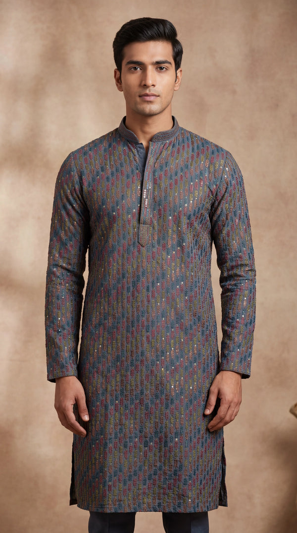 Men’s Grey Cotton Kurta with Leaf Embroidery and Gold Dot Work by Pareek - Grey