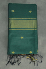 Green Silk Cotton Saree with Zari Border, Small Motif Pattern and Matching Blouse - Green
