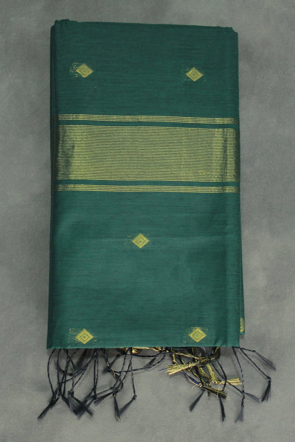 Green Silk Cotton Saree with Zari Border, Small Motif Pattern and Matching Blouse - Green
