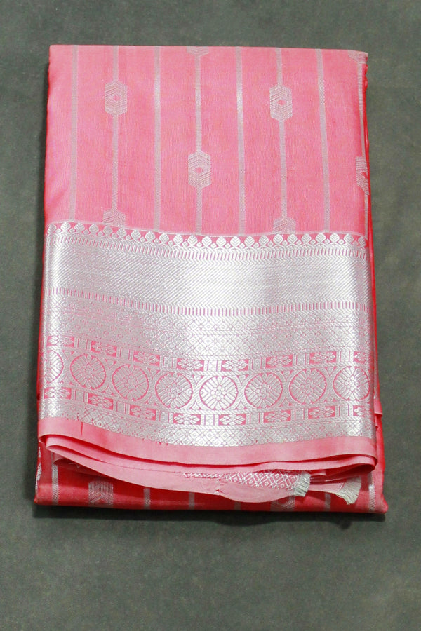 Orange Bridal Vaira Oosi Soft Silk Saree with Silver Zari Border and Blouse - Orange