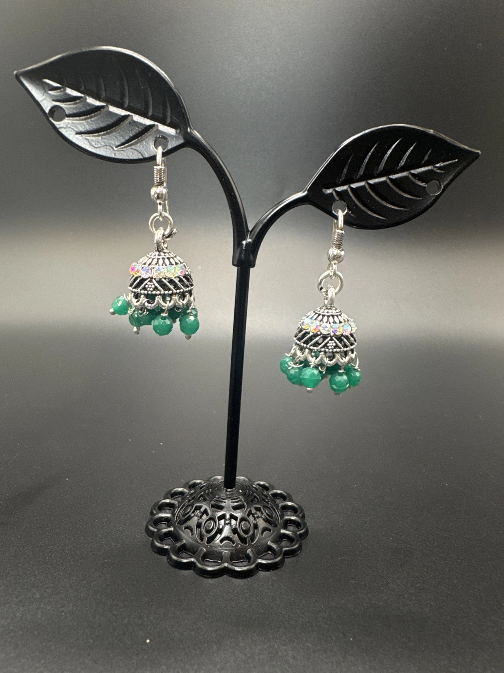 Oxidized Silver Jhumka Earrings with Beaded Drops