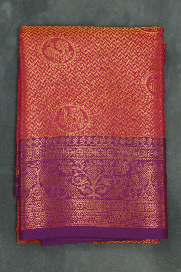Red Pink Bridal Kumbh Bakasara Pattu Saree with Full Body Zari Work and Traditional Border - Red pink