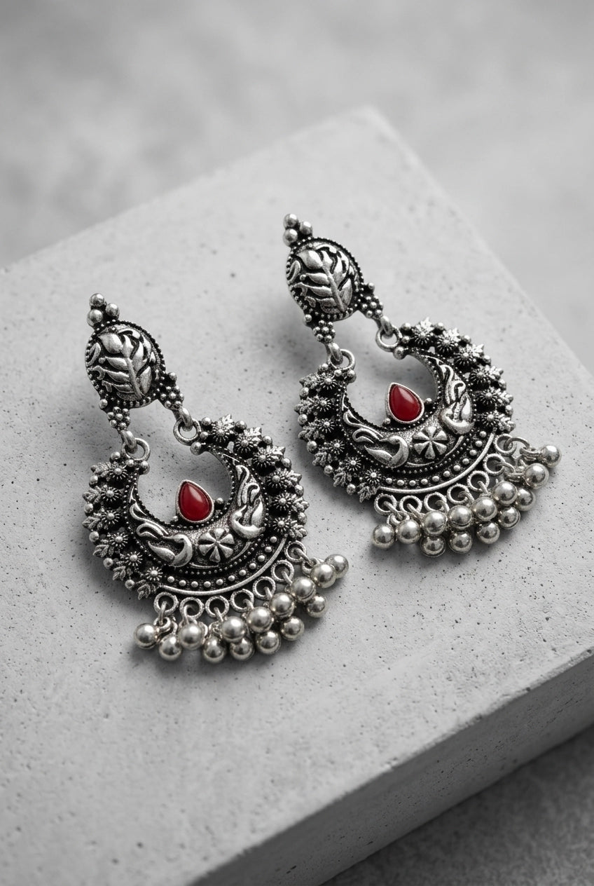 Oxidized Silver-Tone Crescent Jhumka Earrings with Floral Motifs & Beaded Drops, Red/Pink Stone