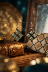 Mint Green Stone Drop Hook Earrings, Gold-Tone Square Motif for Women - Mint Green
