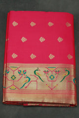 Paithani Pure Silk Peacock Design Pallu Saree With Design Border, Full body comes with butties
Saree Fabric: Jacquard
Pattern: Zari Woven
B - Magenta Pink