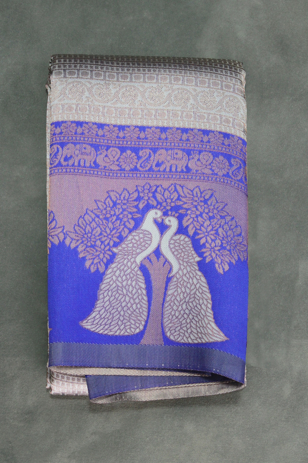 Kubera Pattu Saree with Peacock Border and Blouse, Light Grey Semi Silk - Light grey