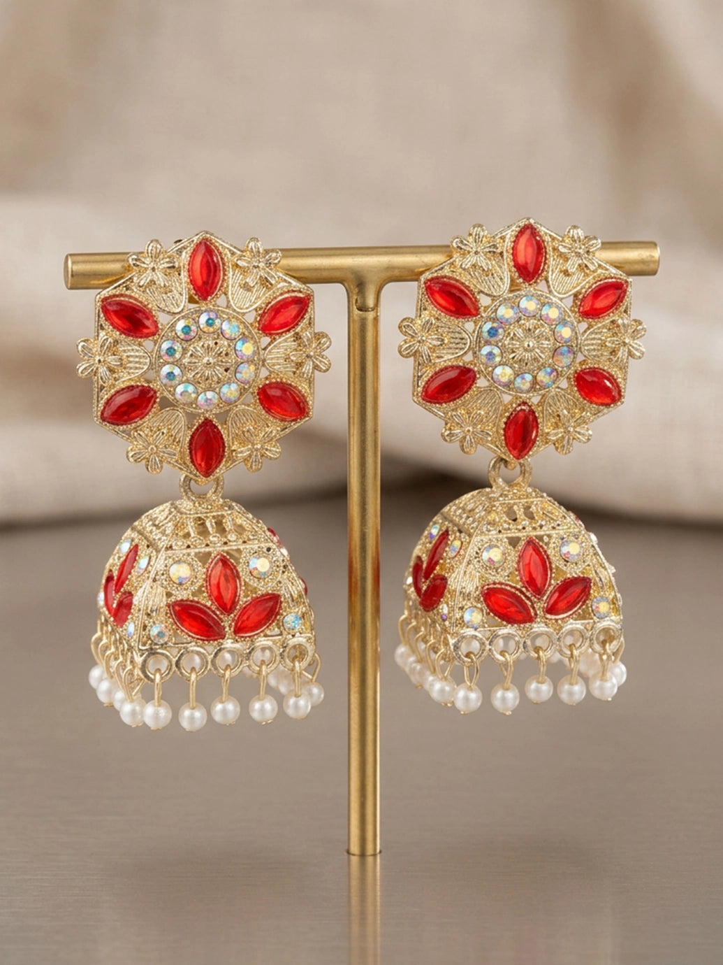 Red Stone Silver Oxidised Jhumka Earrings with Stud Top and Beaded Drop for Festive Wear - Red