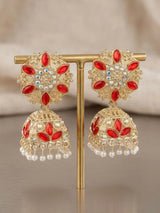 Red Stone Silver Oxidised Jhumka Earrings with Stud Top and Beaded Drop for Festive Wear - Red