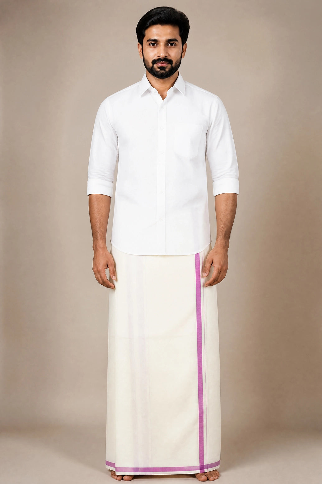 Men’s Off-White Cotton Dhoti with 0.25 inch Coloured Border, 2 Metre Single Veshti for Wedding & Festive Wear