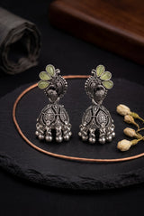Lemon Yellow Leaf Jhumka Oxidized Silver-Tone Fashion Earrings with Ghungroo Dangles - Lemon Yellow
