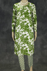 Green Floral Cotton 2-Piece Kurta Set with Elastic Waist Pant - Traditional Indian Kurti - Comfortable Everyday Wear - Green