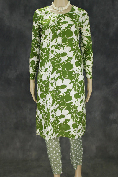 Green Floral Cotton 2-Piece Kurta Set with Elastic Waist Pant - Traditional Indian Kurti - Comfortable Everyday Wear - Green