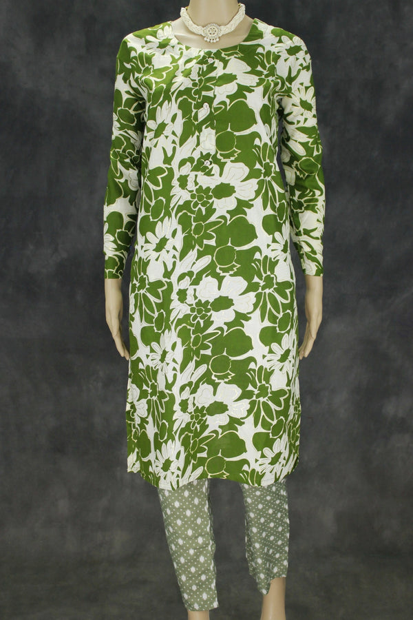 Green Floral Cotton 2-Piece Kurta Set with Elastic Waist Pant - Traditional Indian Kurti - Comfortable Everyday Wear - Green