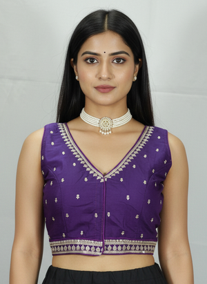 Purple Readymade Padded Designer Blouse with Zari Border, Deep Neck and Back Knot, Fully Stitched