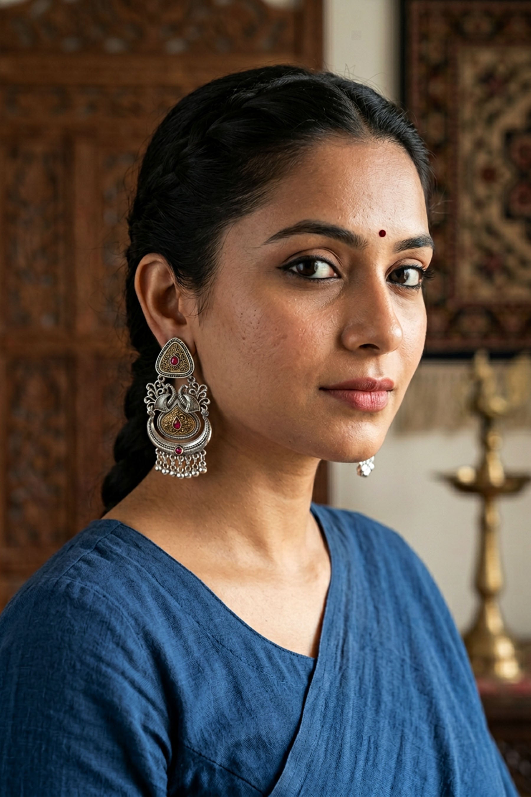 Antique Finish Oxidized Silver Peacock Jhumka Earrings for Women - AI Model Photo 2