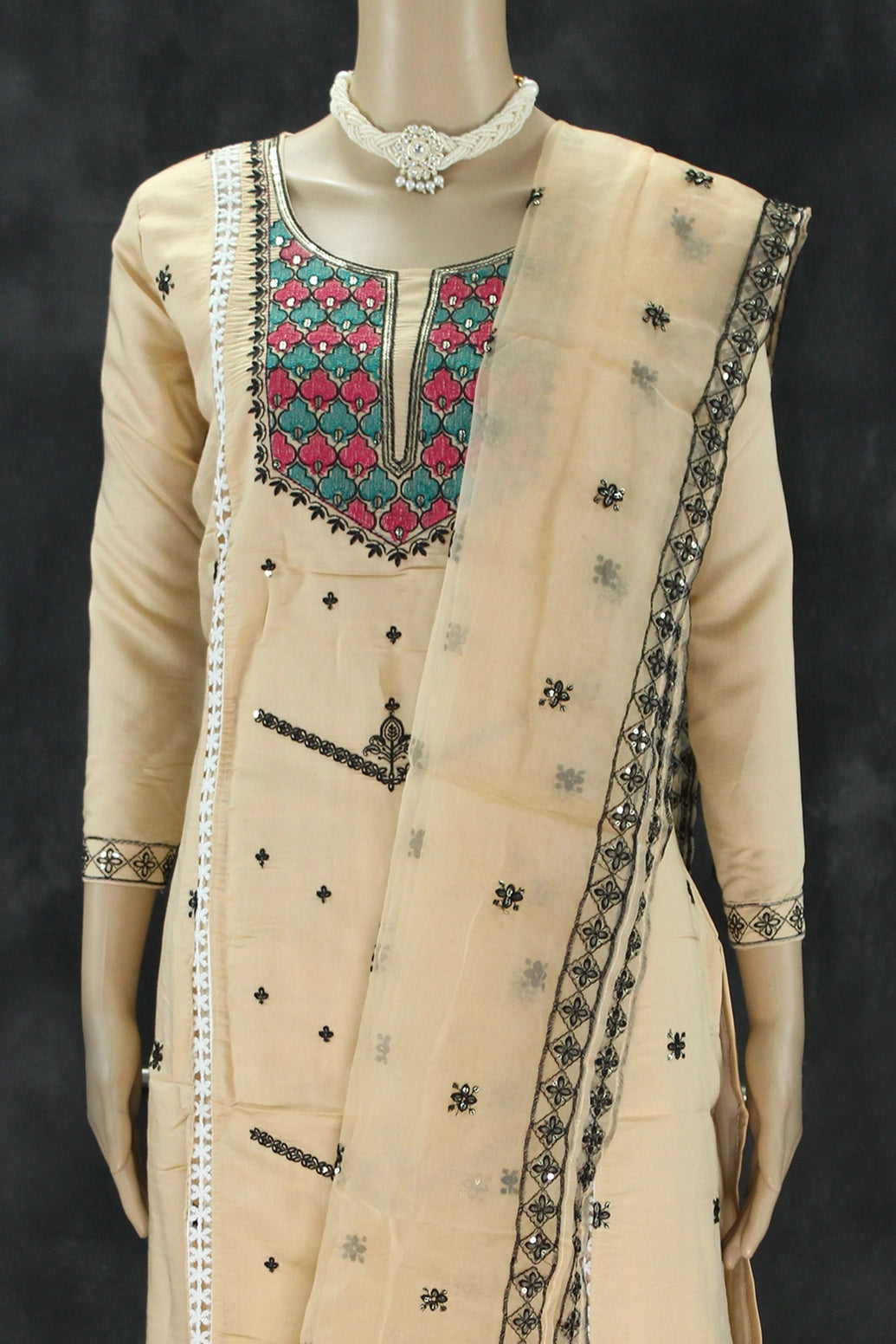 Sandal Embroidered Roman Silk Kurti Set with Organza Dupatta Kurti JCS Fashions Sandal Large (40)