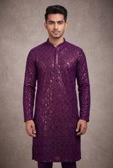 Men’s Purple Chikankari Cotton Kurta with Copper Sequin Embroidery, Wine/Purple Base - Purple