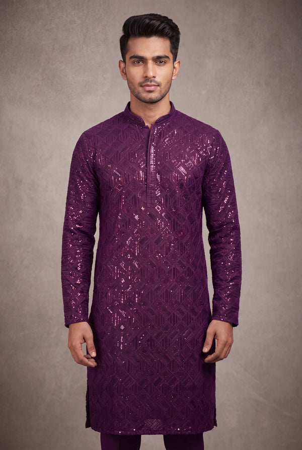 Men’s Purple Chikankari Cotton Kurta with Copper Sequin Embroidery, Wine/Purple Base - Purple