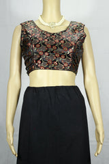 Black Readymade Designer Padded Blouse with Zari Circular Motifs, Back Knot and Sleeveless Fit - Black