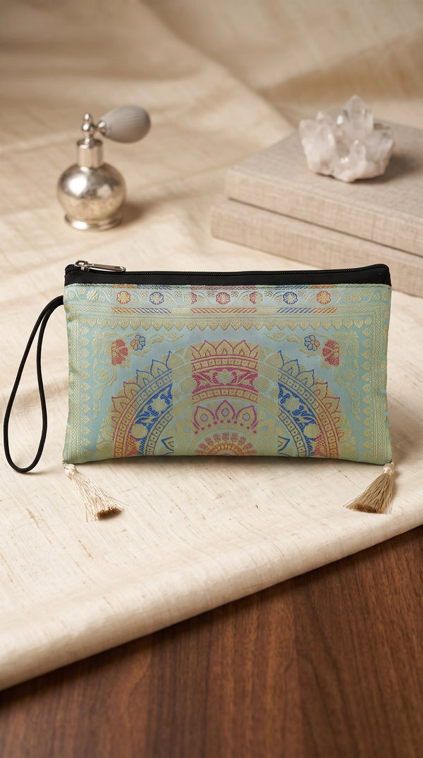 Banarasi Brocade Zip Pouch Clutch with Tassel, Sky Blue Embroidered Handbag for Daily & Festive Wear - Sky Blue