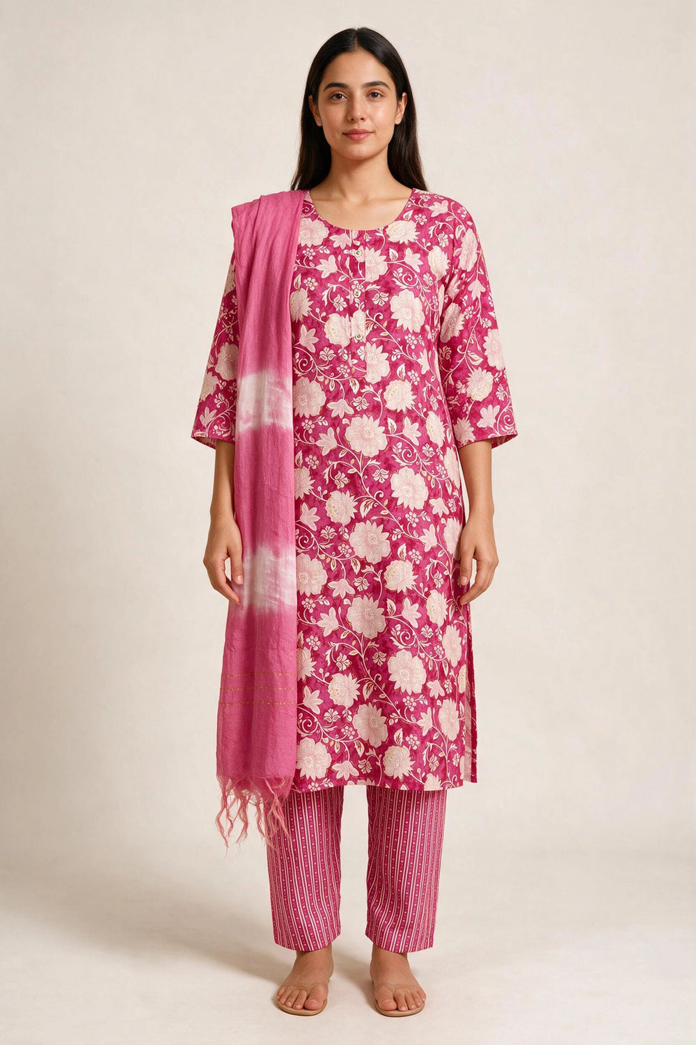 Pink Floral Cotton 3-Piece Kurti Set with Button Placket, Elastic Pant & Matching Dupatta - Pink
