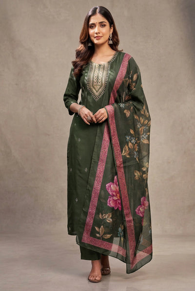 Green Roman Silk Kurta Set with Digital Organza Dupatta and Zari-Sequence Neckline Detail (3-Piece) - Green