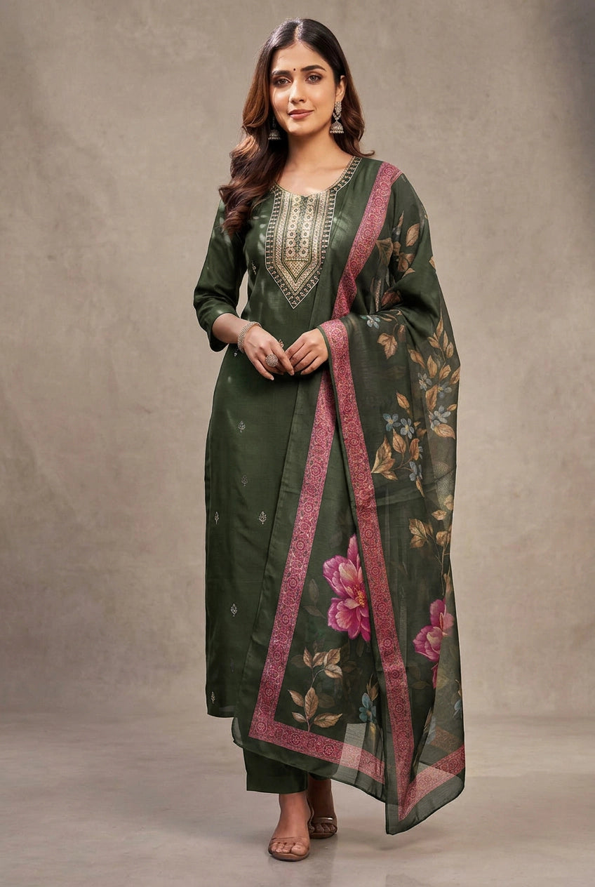 Green Roman Silk Kurta Set with Digital Organza Dupatta and Zari-Sequence Neckline Detail (3-Piece) - Green