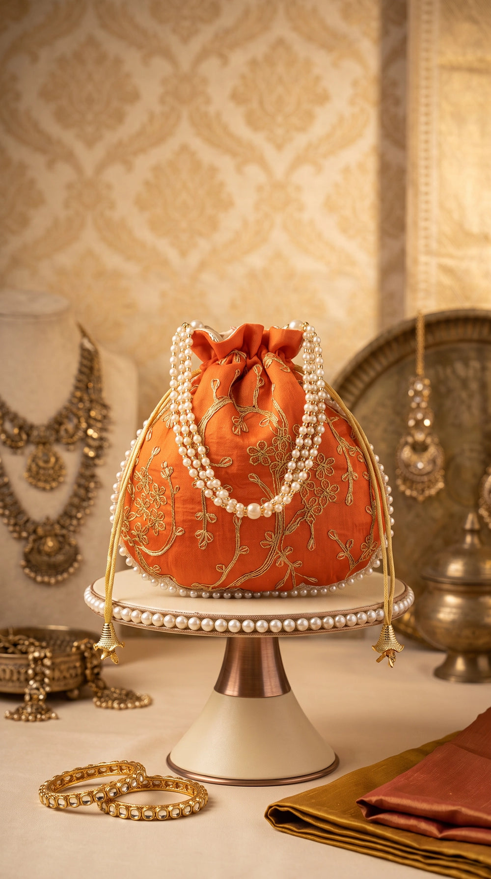 Orange Embroidered Pearl-Trim Potli Bag with Drawstring, Gold Floral Work for Wedding Festive Return Gifts - Orange