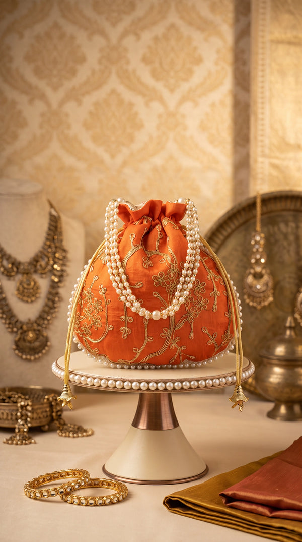 Orange Embroidered Pearl-Trim Potli Bag with Drawstring, Gold Floral Work for Wedding Festive Return Gifts - Orange