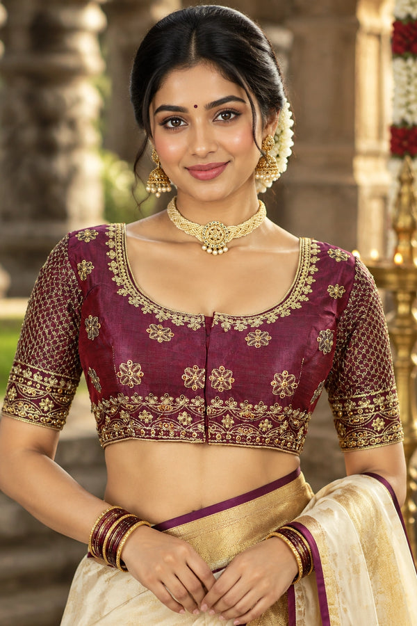 Purple Padded Readymade Blouse with Zari Floral Butta Work, U-Neck, Elbow Sleeve & Back Knot for Women - Purple