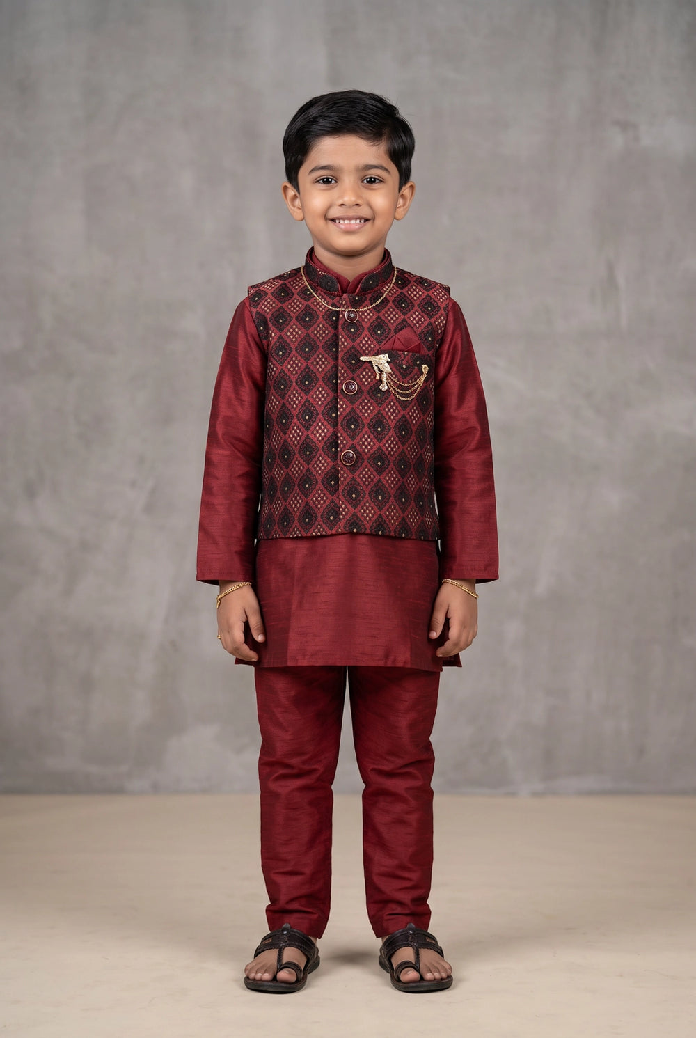 Boys Maroon Koti 3-Piece Kurta Set with Printed Nehru Jacket, Matching Pants & Brooch Detail - Maroon