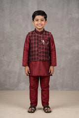 Boys Maroon Koti 3-Piece Kurta Set with Printed Nehru Jacket, Matching Pants & Brooch Detail - Maroon